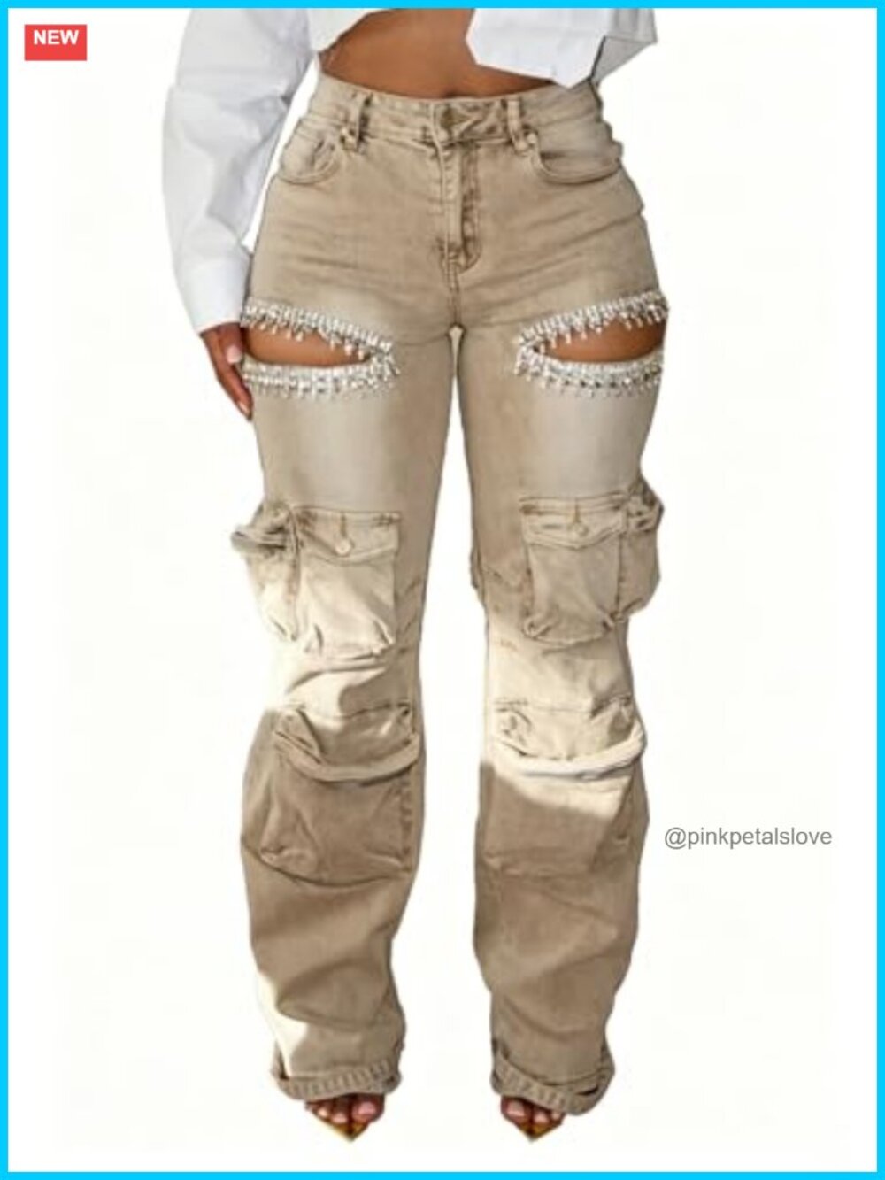 Rhinestone Cargo Jeans Baggy Ripped Stretchy Denim Pants High Waisted Y2K